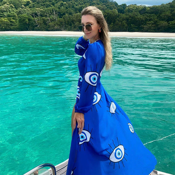 Super Quality Comfortable Fabric Wrinkle-free Blue Eyes Chiffon Tunic Sexy Beach Dress Women Beach Wear Swim Suit Cover