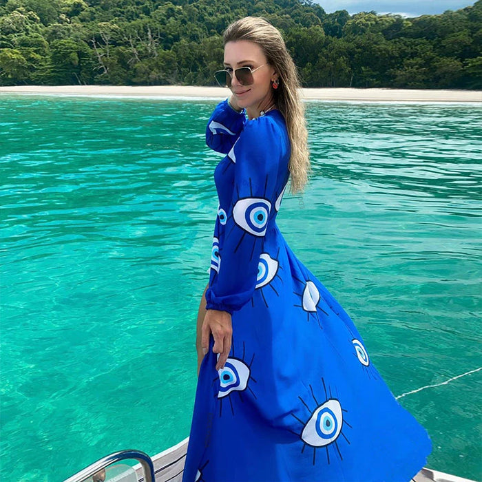Super Quality Comfortable Fabric Wrinkle-free Blue Eyes Chiffon Tunic Sexy Beach Dress Women Beach Wear Swim Suit Cover