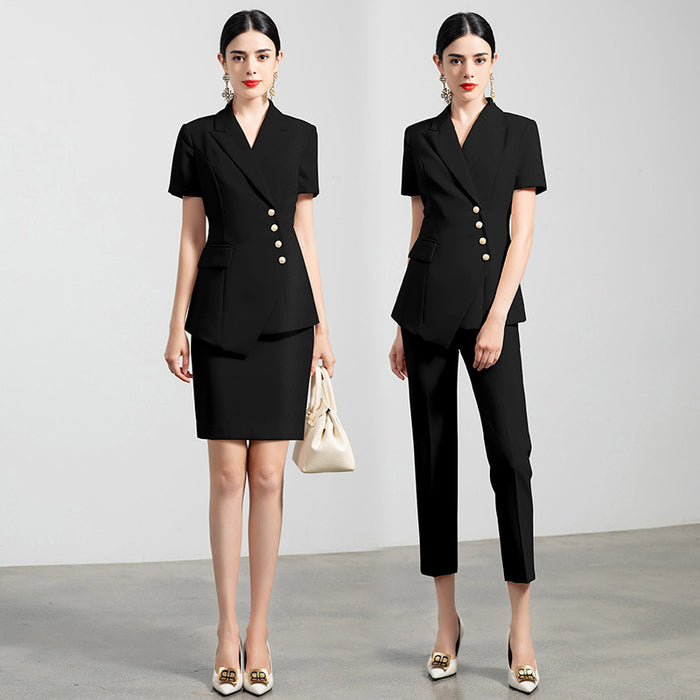 Summer business wear women's elegant thin short-sleeved suit apricot double-breasted fashion work clothes suit President formal wear