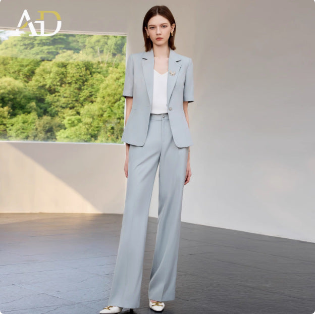 Summer New Light Blue Short-Sleeved Suit Suit Slimming Look Simple Elegant Manager Formal Work Clothes Suit Pants