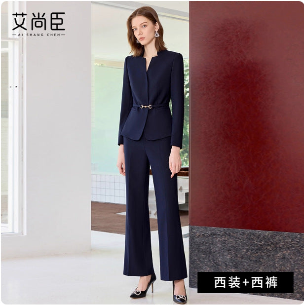 Spring and Autumn Fashion New Small V Neck Navy Blue Professional Women's Pants Suit Slim Fit Slim Manager Formal Work Clothes Ol