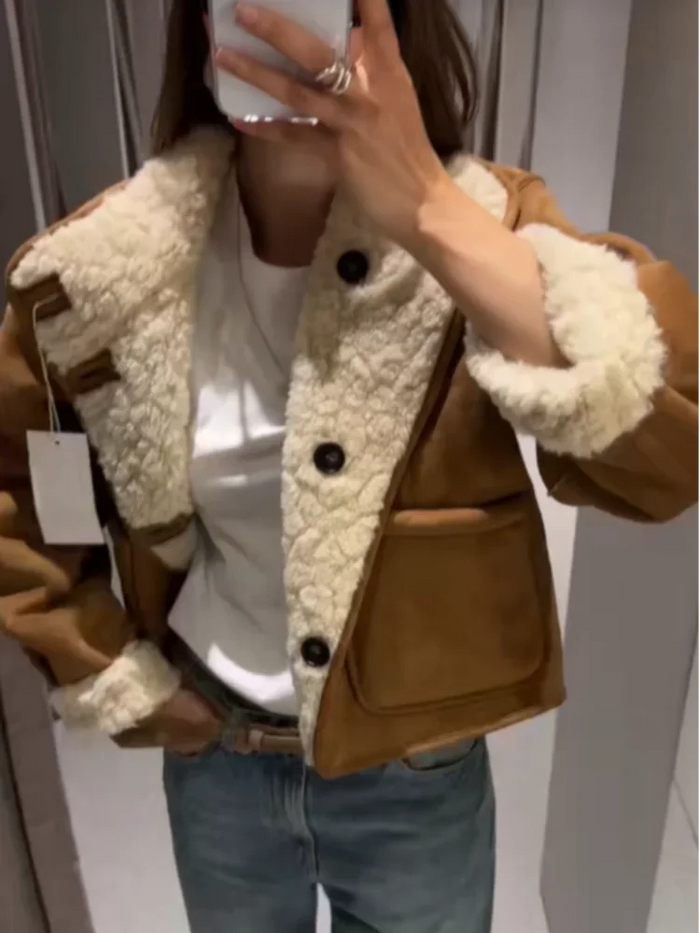 Casual Lapel Lamb Wool Jacket Women Chic Pocket V-neck Stand Collar Loose Short Coat Fashion Daily Office Warm Street Outerwears