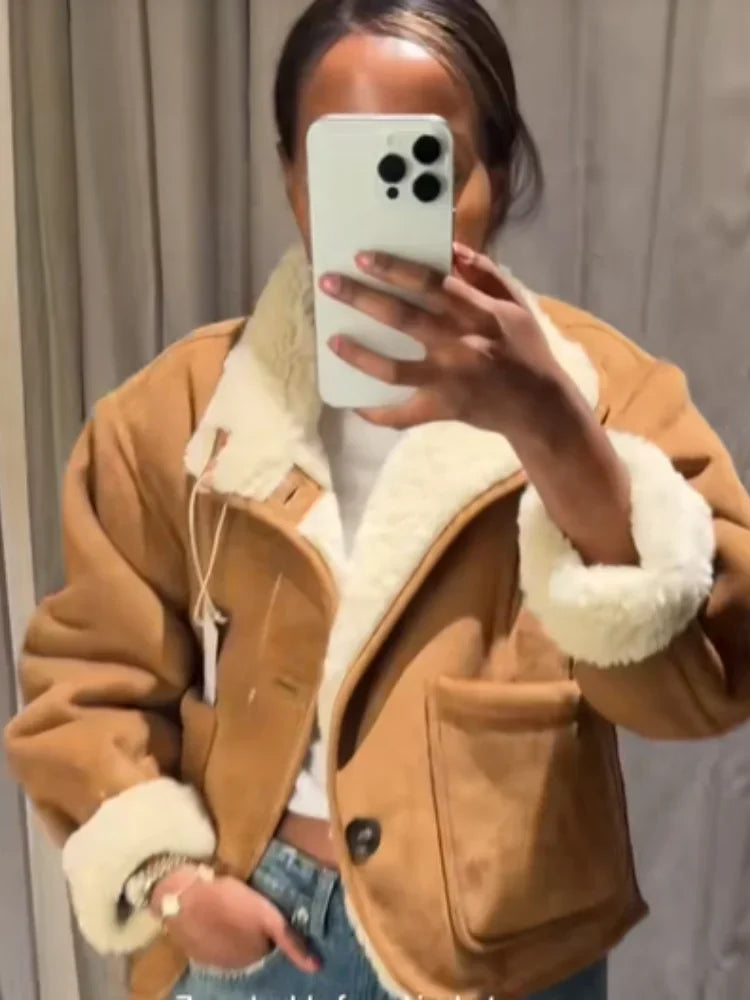 Casual Lapel Lamb Wool Jacket Women Chic Pocket V-neck Stand Collar Loose Short Coat Fashion Daily Office Warm Street Outerwears