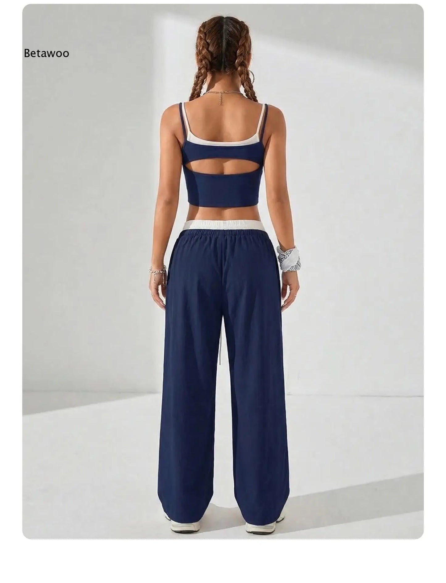 Casual 2 Piece Streetwear Set for Women, Contrast Trim Cami Crop Top with Wide Leg Pants