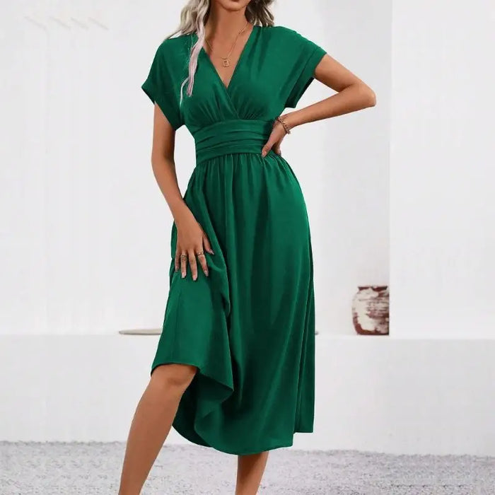 Casual Dress for Women, Wrap V Neck, Ruffle Short Sleeve, Waist, A Line Swing Cocktail 6XDA