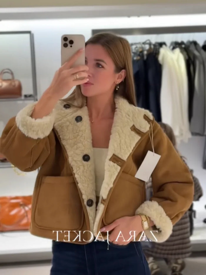 Casual Lapel Lamb Wool Jacket Women Chic Pocket V-neck Stand Collar Loose Short Coat Fashion Daily Office Warm Street Outerwears