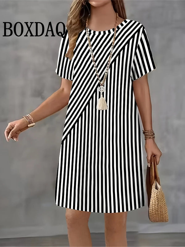 Casual Elegant Women Dresses Fashion Loose Mini Dress Short Sleeve Pullover Female Clothing Summer Striped Print Dress Plus Size