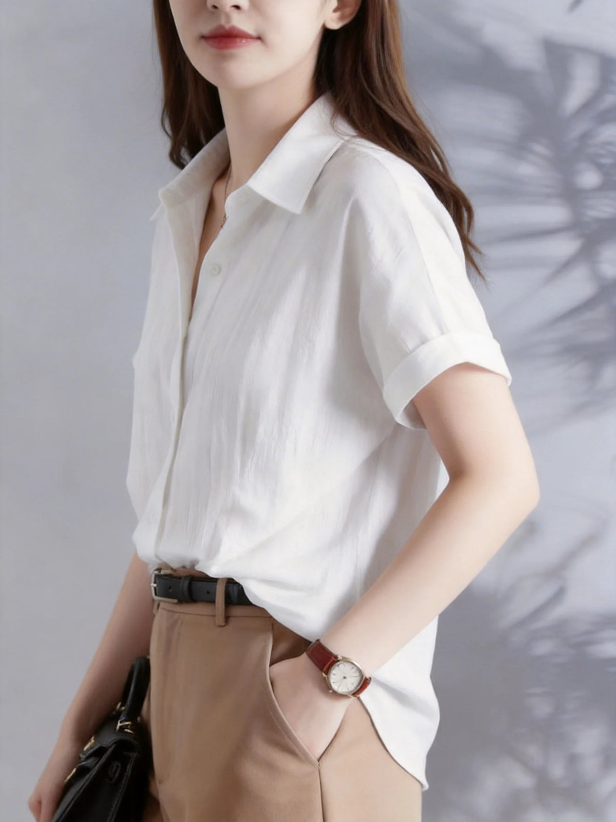 Women's Casual White Blouse, Short Sleeve V-Neck Shirt, Business Office Workwear, Breathable Textured Blouse