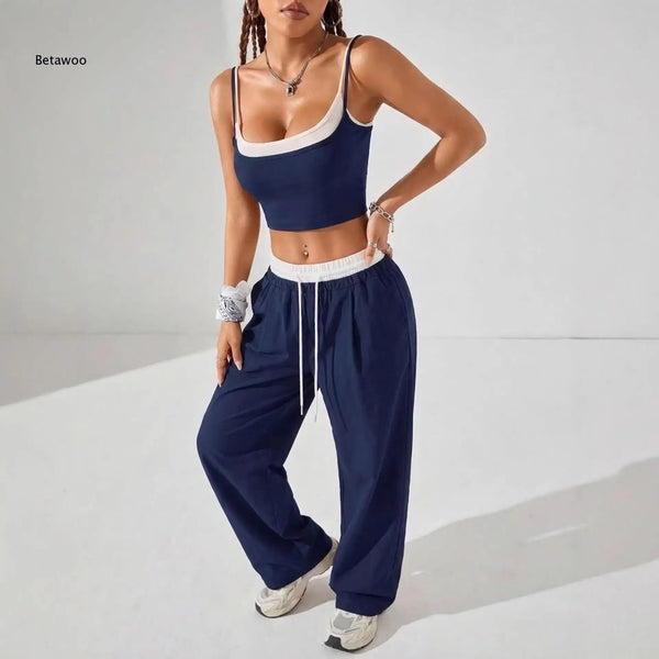 Casual 2 Piece Streetwear Set for Women, Contrast Trim Cami Crop Top with Wide Leg Pants