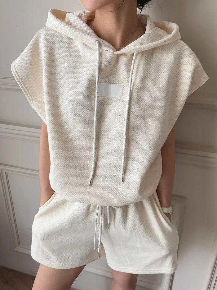 Casual Sportswear Set Women's Summer Fashion High Waist Wide Leg Shorts Two-Piece Suit Short Sleeve Hoodie Loose Fit Streetwear