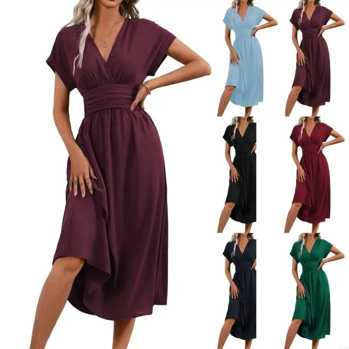 Casual Dress for Women, Wrap V Neck, Ruffle Short Sleeve, Waist, A Line Swing Cocktail 6XDA