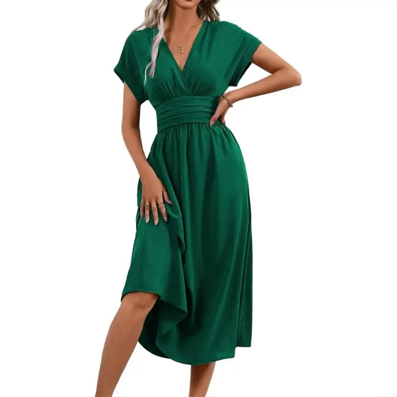Casual Dress for Women, Wrap V Neck, Ruffle Short Sleeve, Waist, A Line Swing Cocktail 6XDA
