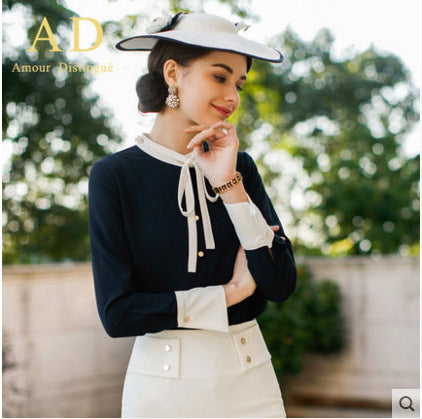 AD2024 fashion lace-up bow long sleeve women's OL shirt commuter white collar shirt business wear work clothes spring and summer