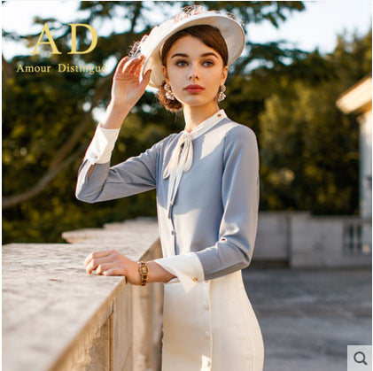 AD2024 fashion lace-up bow long sleeve women's OL shirt commuter white collar shirt business wear work clothes spring and summer