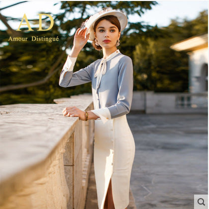 AD2024 fashion lace-up bow long sleeve women's OL shirt commuter white collar shirt business wear work clothes spring and summer