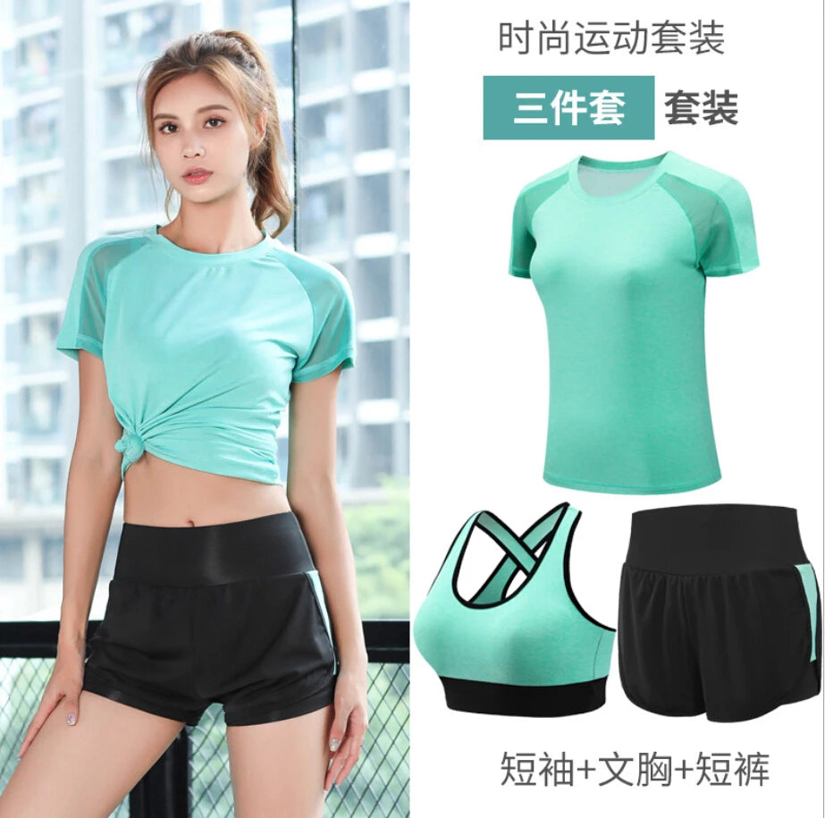Women Yoga Sportswear Clothing Set Coats + T Shirt + Bra + Shorts + Pants Fitness Gym Mesh Suit Quick Dry Outdoor Running Sets