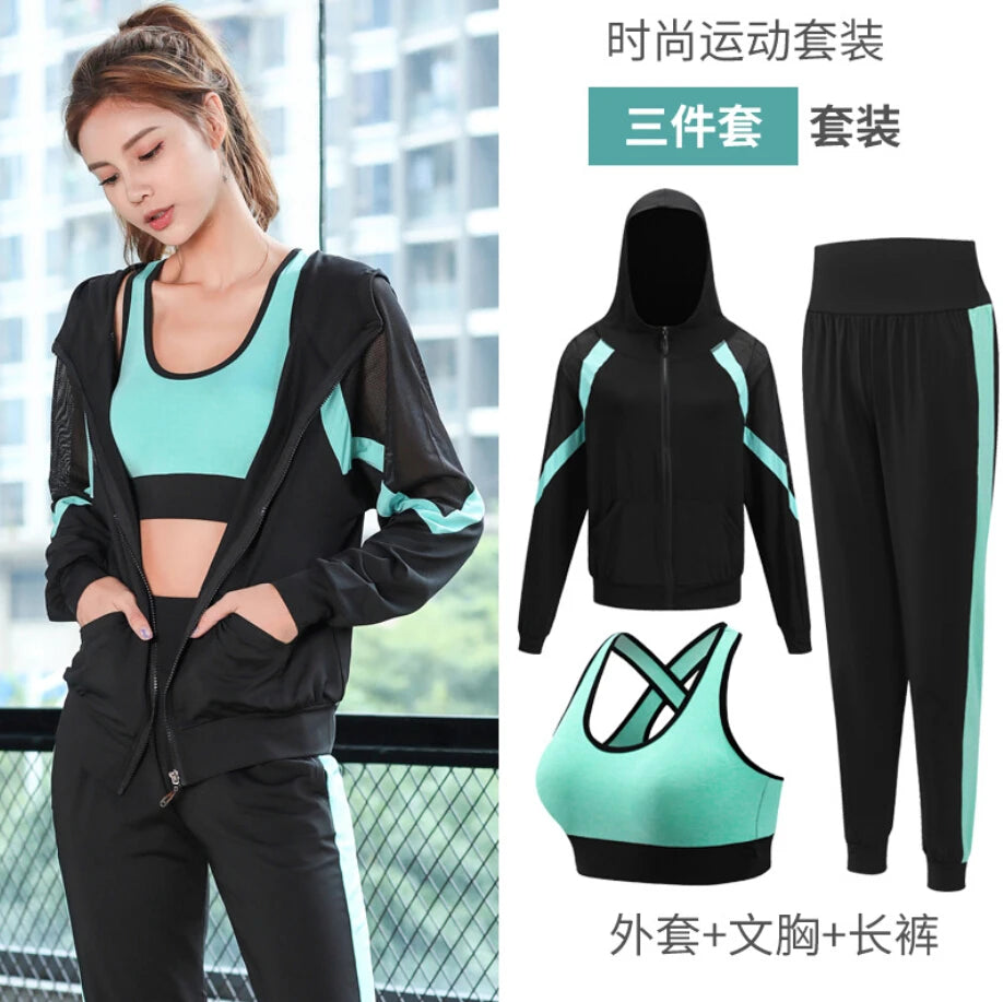 Women Yoga Sportswear Clothing Set Coats + T Shirt + Bra + Shorts + Pants Fitness Gym Mesh Suit Quick Dry Outdoor Running Sets