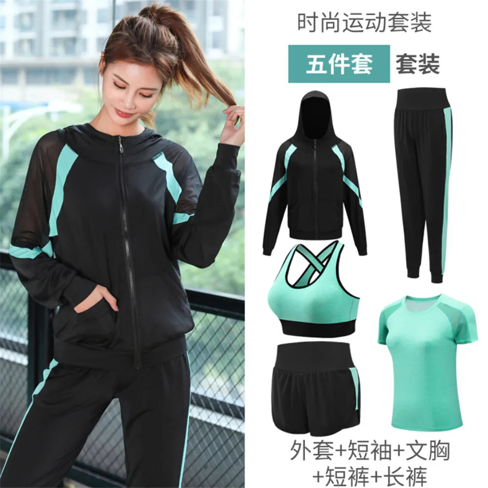 Women Yoga Sportswear Clothing Set Coats + T Shirt + Bra + Shorts + Pants Fitness Gym Mesh Suit Quick Dry Outdoor Running Sets
