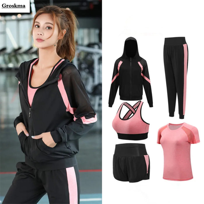 Women Yoga Sportswear Clothing Set Coats + T Shirt + Bra + Shorts + Pants Fitness Gym Mesh Suit Quick Dry Outdoor Running Sets