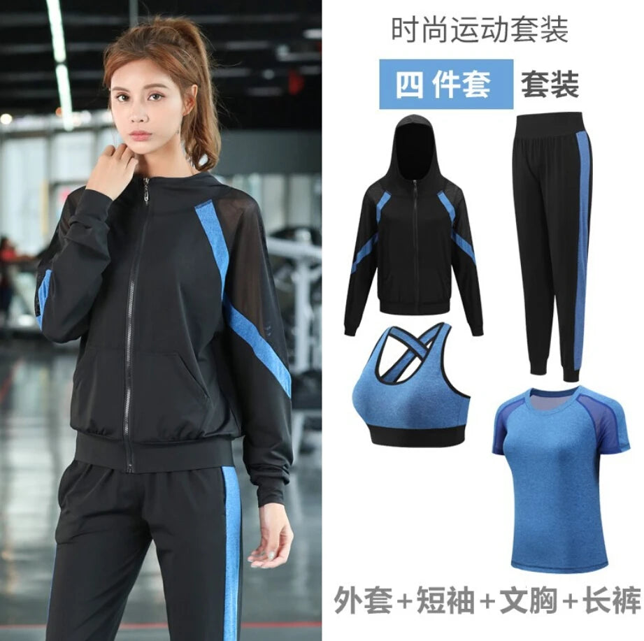 Women Yoga Sportswear Clothing Set Coats + T Shirt + Bra + Shorts + Pants Fitness Gym Mesh Suit Quick Dry Outdoor Running Sets