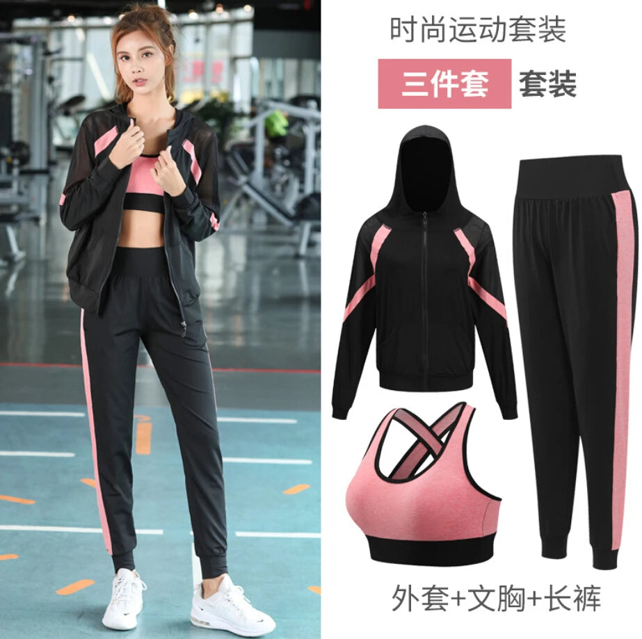 Women Yoga Sportswear Clothing Set Coats + T Shirt + Bra + Shorts + Pants Fitness Gym Mesh Suit Quick Dry Outdoor Running Sets