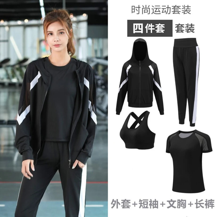 Women Yoga Sportswear Clothing Set Coats + T Shirt + Bra + Shorts + Pants Fitness Gym Mesh Suit Quick Dry Outdoor Running Sets