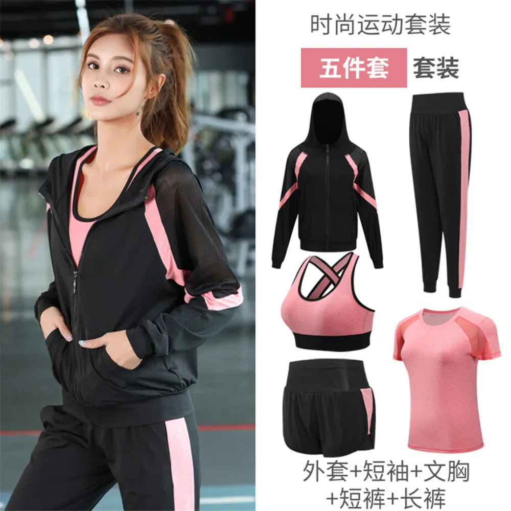 Women Yoga Sportswear Clothing Set Coats + T Shirt + Bra + Shorts + Pants Fitness Gym Mesh Suit Quick Dry Outdoor Running Sets