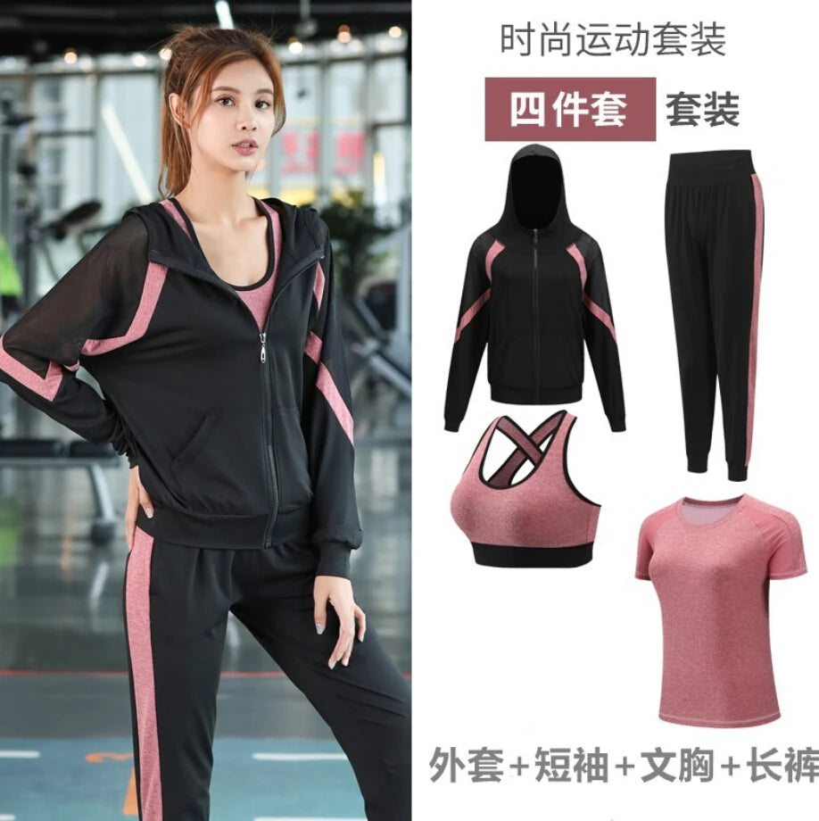 Women Yoga Sportswear Clothing Set Coats + T Shirt + Bra + Shorts + Pants Fitness Gym Mesh Suit Quick Dry Outdoor Running Sets