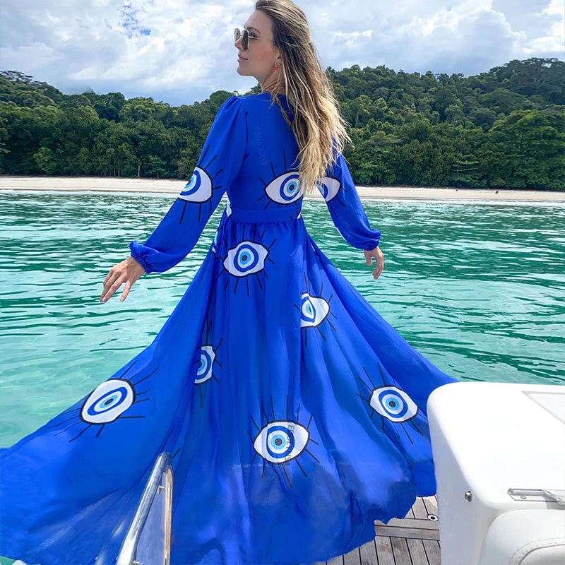 Super Quality Comfortable Fabric Wrinkle-free Blue Eyes Chiffon Tunic Sexy Beach Dress Women Beach Wear Swim Suit Cover
