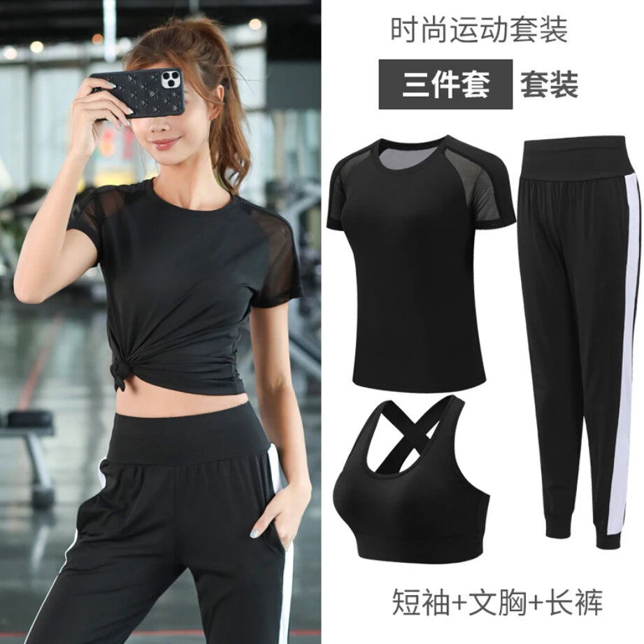Women Yoga Sportswear Clothing Set Coats + T Shirt + Bra + Shorts + Pants Fitness Gym Mesh Suit Quick Dry Outdoor Running Sets