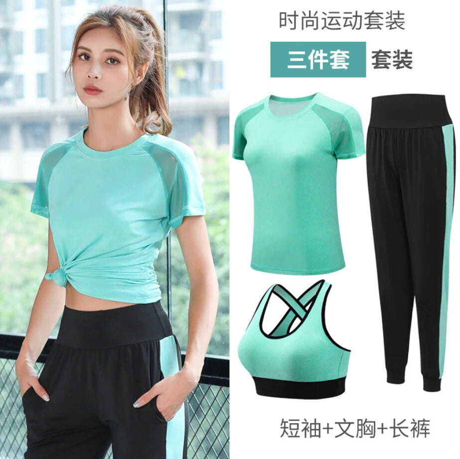 Women Yoga Sportswear Clothing Set Coats + T Shirt + Bra + Shorts + Pants Fitness Gym Mesh Suit Quick Dry Outdoor Running Sets