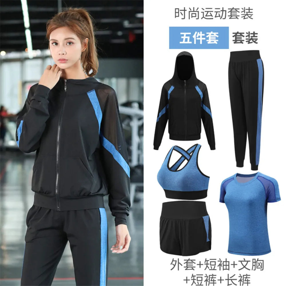 Women Yoga Sportswear Clothing Set Coats + T Shirt + Bra + Shorts + Pants Fitness Gym Mesh Suit Quick Dry Outdoor Running Sets