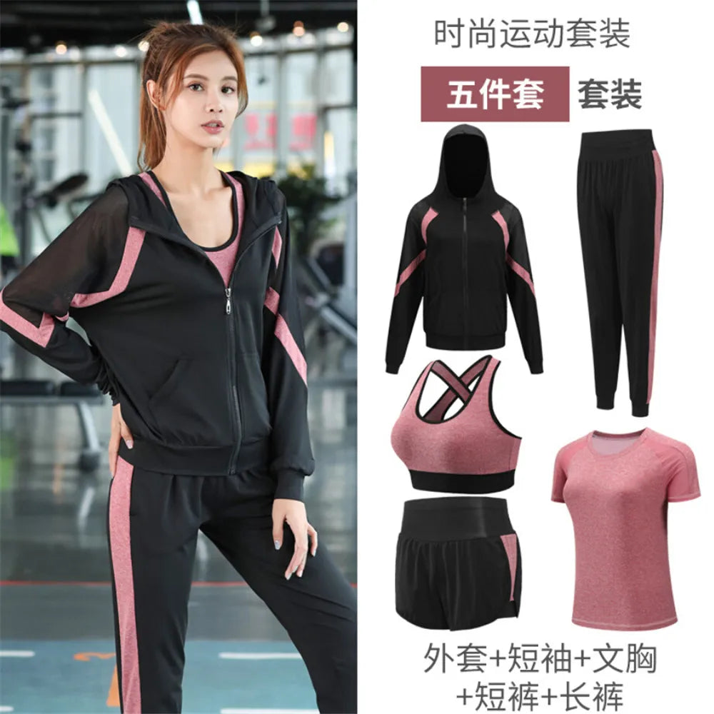Women Yoga Sportswear Clothing Set Coats + T Shirt + Bra + Shorts + Pants Fitness Gym Mesh Suit Quick Dry Outdoor Running Sets
