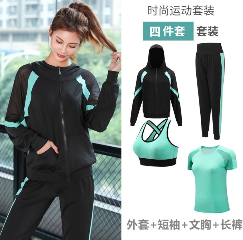 Women Yoga Sportswear Clothing Set Coats + T Shirt + Bra + Shorts + Pants Fitness Gym Mesh Suit Quick Dry Outdoor Running Sets
