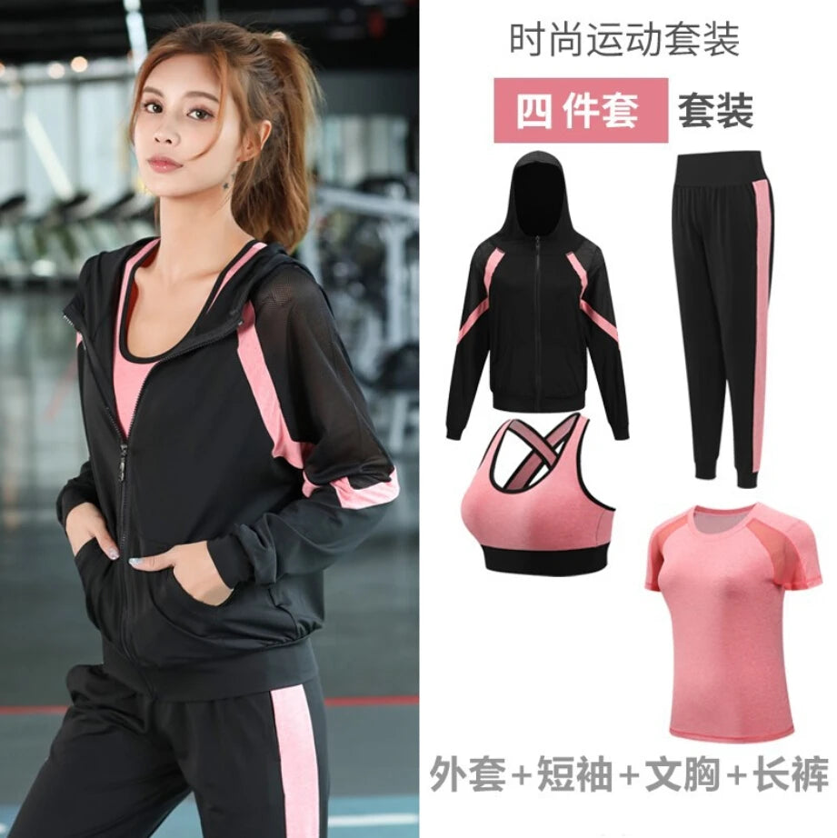 Women Yoga Sportswear Clothing Set Coats + T Shirt + Bra + Shorts + Pants Fitness Gym Mesh Suit Quick Dry Outdoor Running Sets