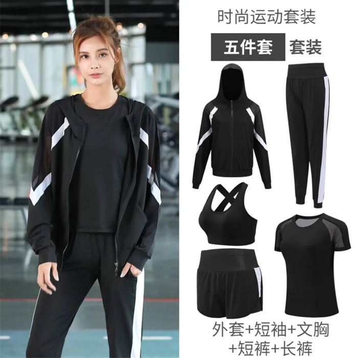 Women Yoga Sportswear Clothing Set Coats + T Shirt + Bra + Shorts + Pants Fitness Gym Mesh Suit Quick Dry Outdoor Running Sets