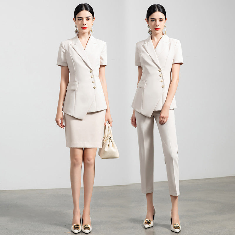 Summer business wear women's elegant thin short-sleeved suit apricot double-breasted fashion work clothes suit President formal wear