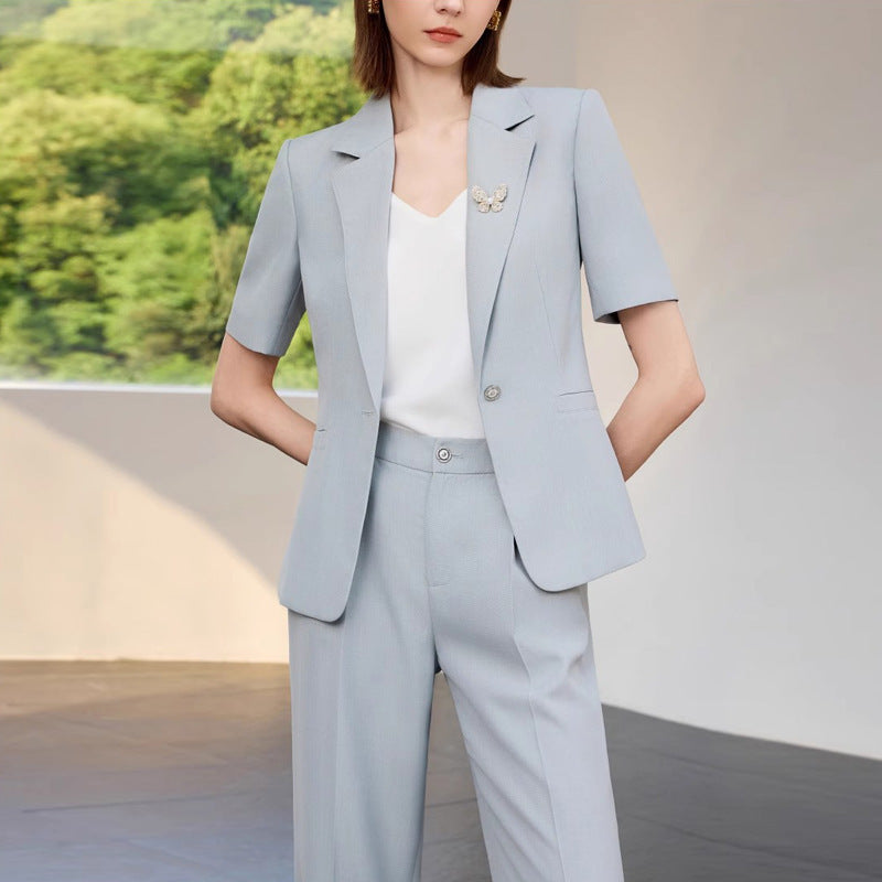 Summer New Light Blue Short-Sleeved Suit Suit Slimming Look Simple Elegant Manager Formal Work Clothes Suit Pants