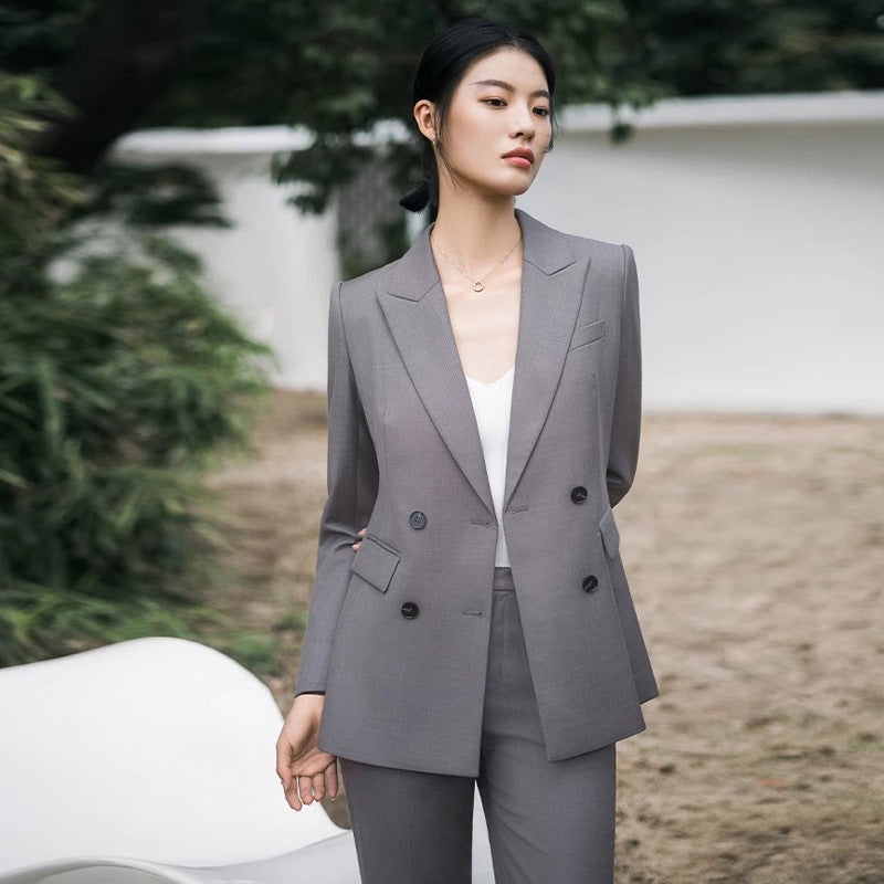 Spring and Autumn Fashion High-end Grey Double-breasted Professional Women's Pants suit Temperament Women's President Slim-fit Slimming Dress Work Clothes