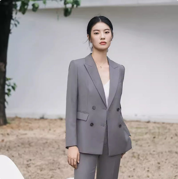 Spring and Autumn Fashion High-end Grey Double-breasted Professional Women's Pants suit Temperament Women's President Slim-fit Slimming Dress Work Clothes