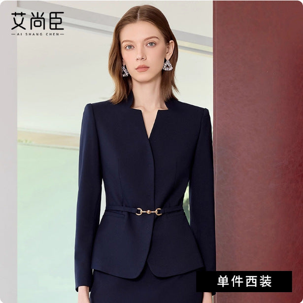 Spring and Autumn Fashion New Small V Neck Navy Blue Professional Women's Pants Suit Slim Fit Slim Manager Formal Work Clothes Ol