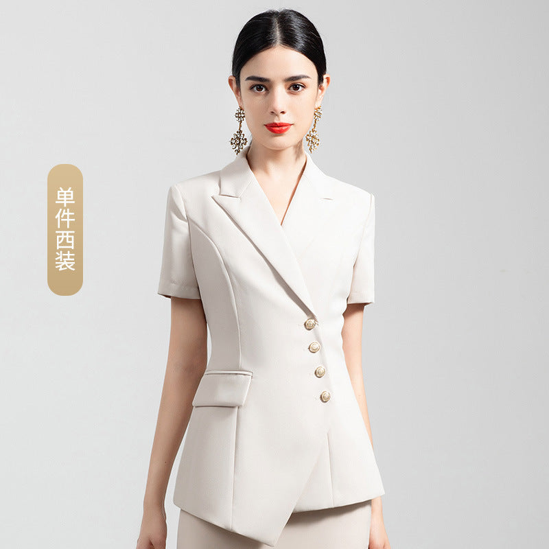 Summer business wear women's elegant thin short-sleeved suit apricot double-breasted fashion work clothes suit President formal wear