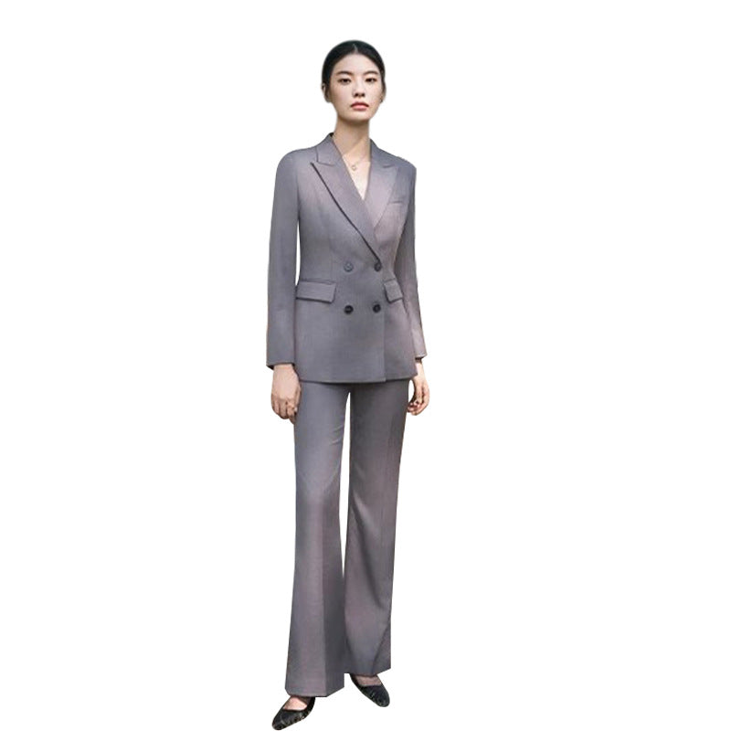 Spring and Autumn Fashion High-end Grey Double-breasted Professional Women's Pants suit Temperament Women's President Slim-fit Slimming Dress Work Clothes