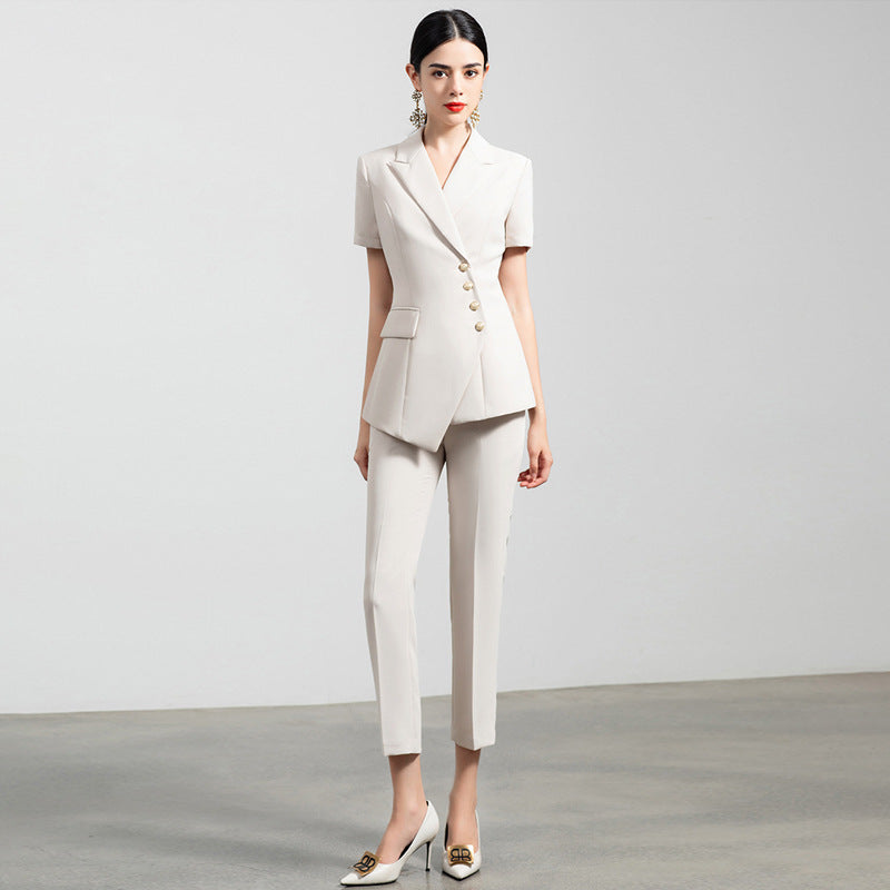 Summer business wear women's elegant thin short-sleeved suit apricot double-breasted fashion work clothes suit President formal wear