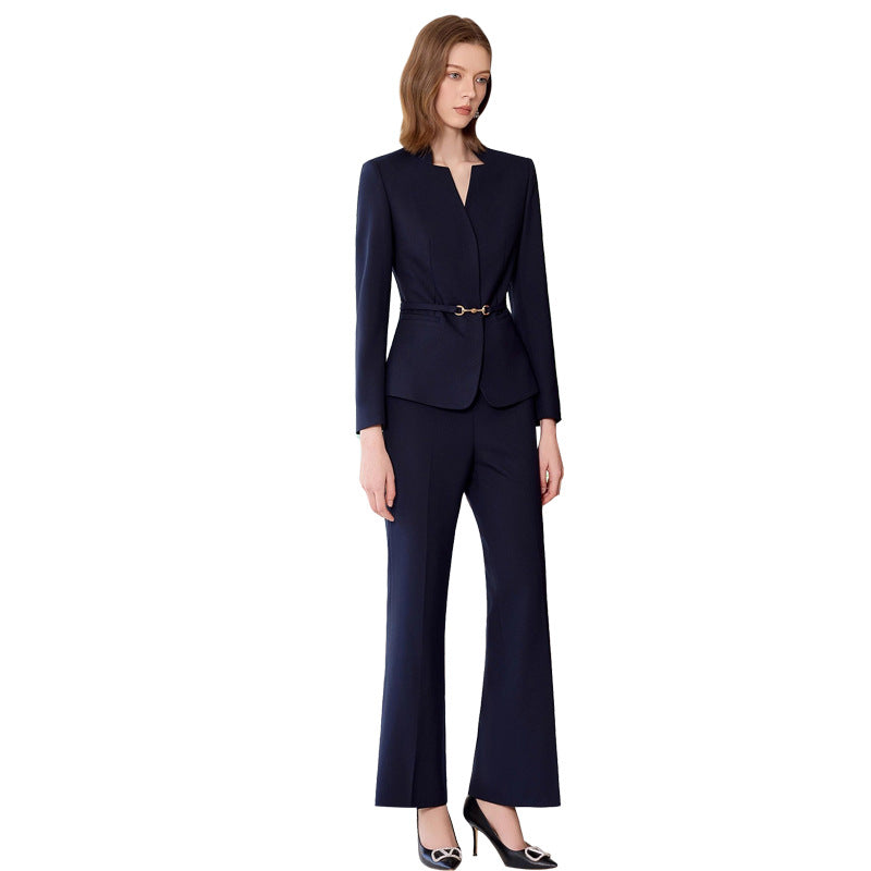 Spring and Autumn Fashion New Small V Neck Navy Blue Professional Women's Pants Suit Slim Fit Slim Manager Formal Work Clothes Ol