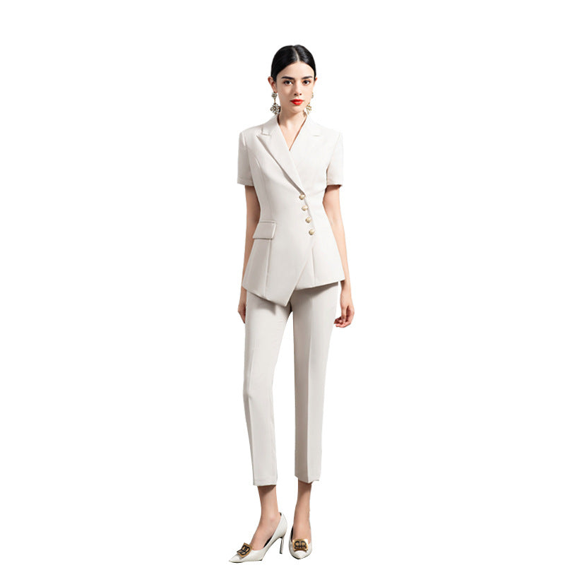 Summer business wear women's elegant thin short-sleeved suit apricot double-breasted fashion work clothes suit President formal wear