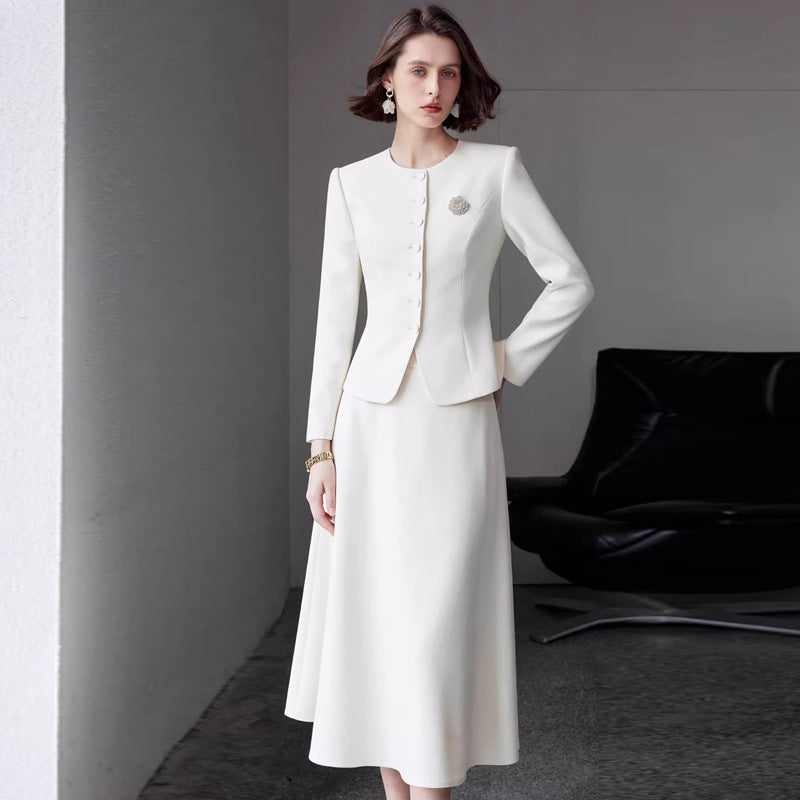 Ad Autumn Women's Clothing 2026 New Fashion Set Young and Stylish Age-Reducing Formal Wear White Professional Suit with Umbrella Skirt