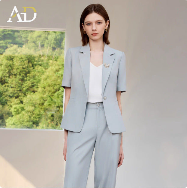 Summer New Light Blue Short-Sleeved Suit Suit Slimming Look Simple Elegant Manager Formal Work Clothes Suit Pants