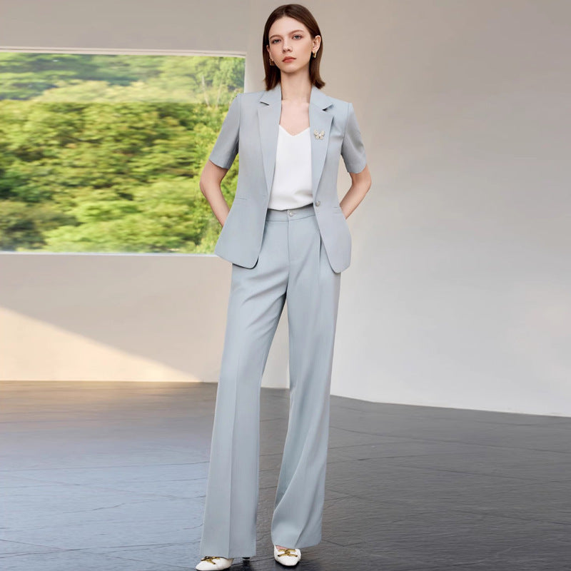Summer New Light Blue Short-Sleeved Suit Suit Slimming Look Simple Elegant Manager Formal Work Clothes Suit Pants