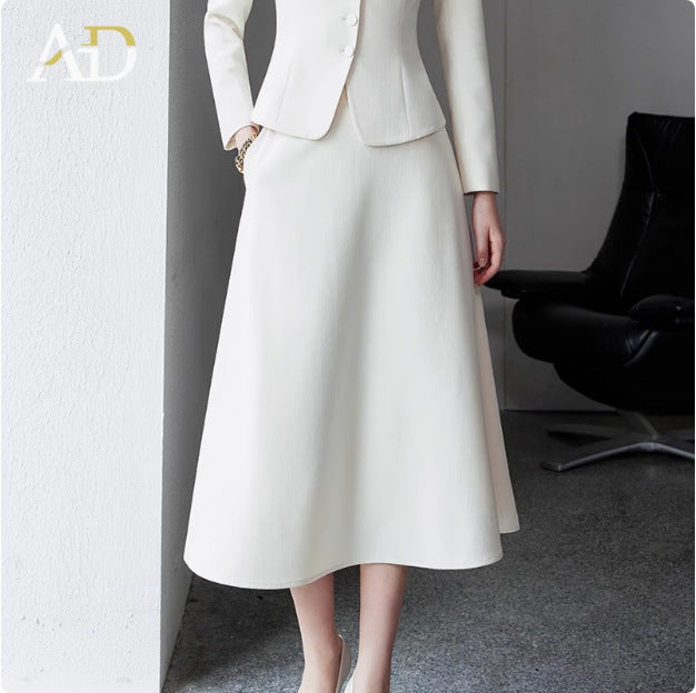 Ad Autumn Women's Clothing 2026 New Fashion Set Young and Stylish Age-Reducing Formal Wear White Professional Suit with Umbrella Skirt